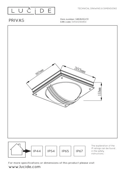 Lucide PRIVAS - Applique murale Intérieur/Extérieur - 2xE27 - IP44 - Blanc - technique